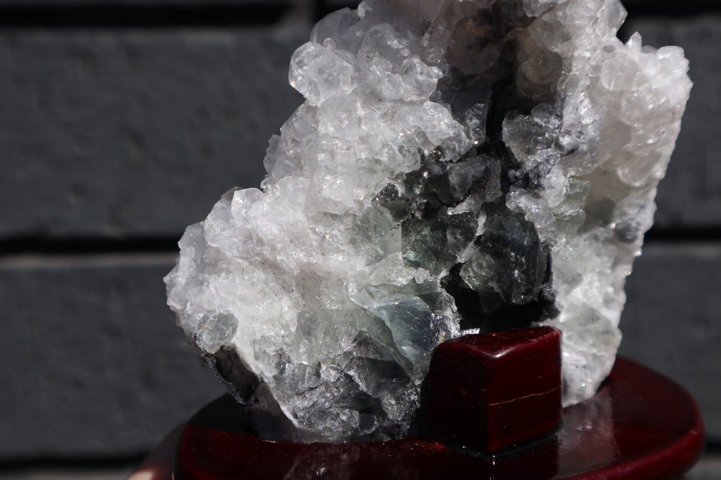 Diamond Calcite & Fluorite Specimen on Wooden Base