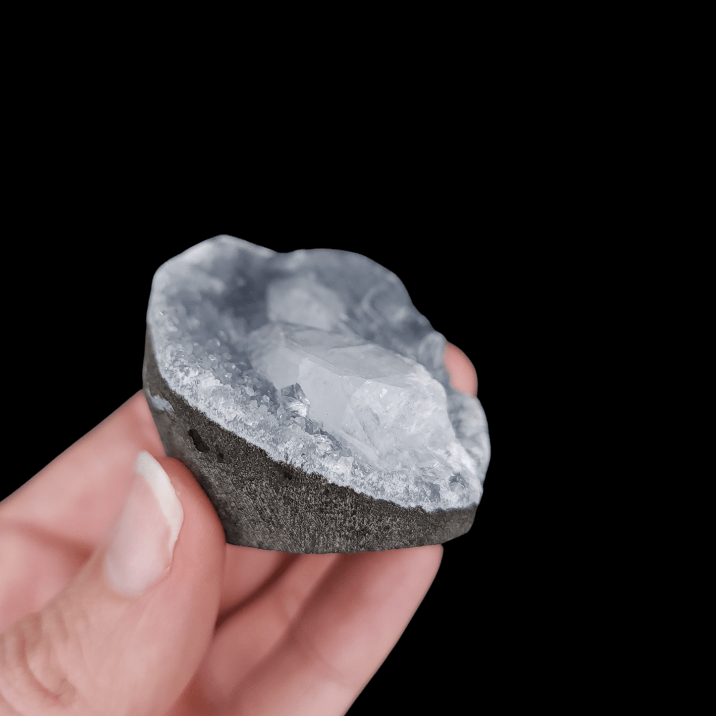 Cubic Apophyllite Blue Chalcedony small Cutbase from India (BL9) - Marked by Magic