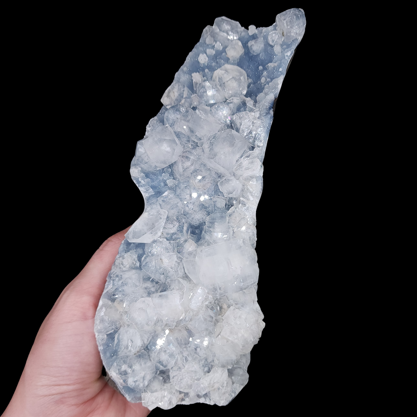 Cubic Apophyllite on Blue Chalcedony Statement Cutbase from India 1.042kg