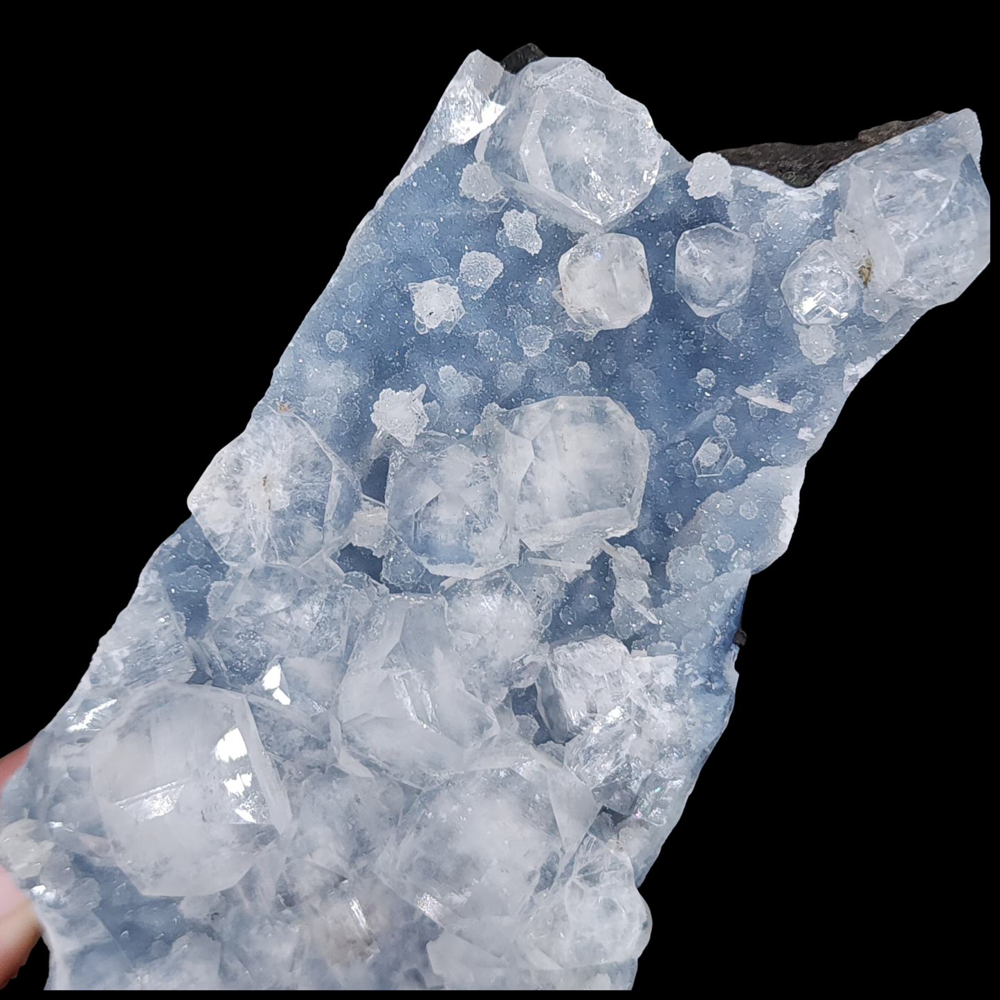 Cubic Apophyllite on Blue Chalcedony Statement Cutbase from India 1.042kg