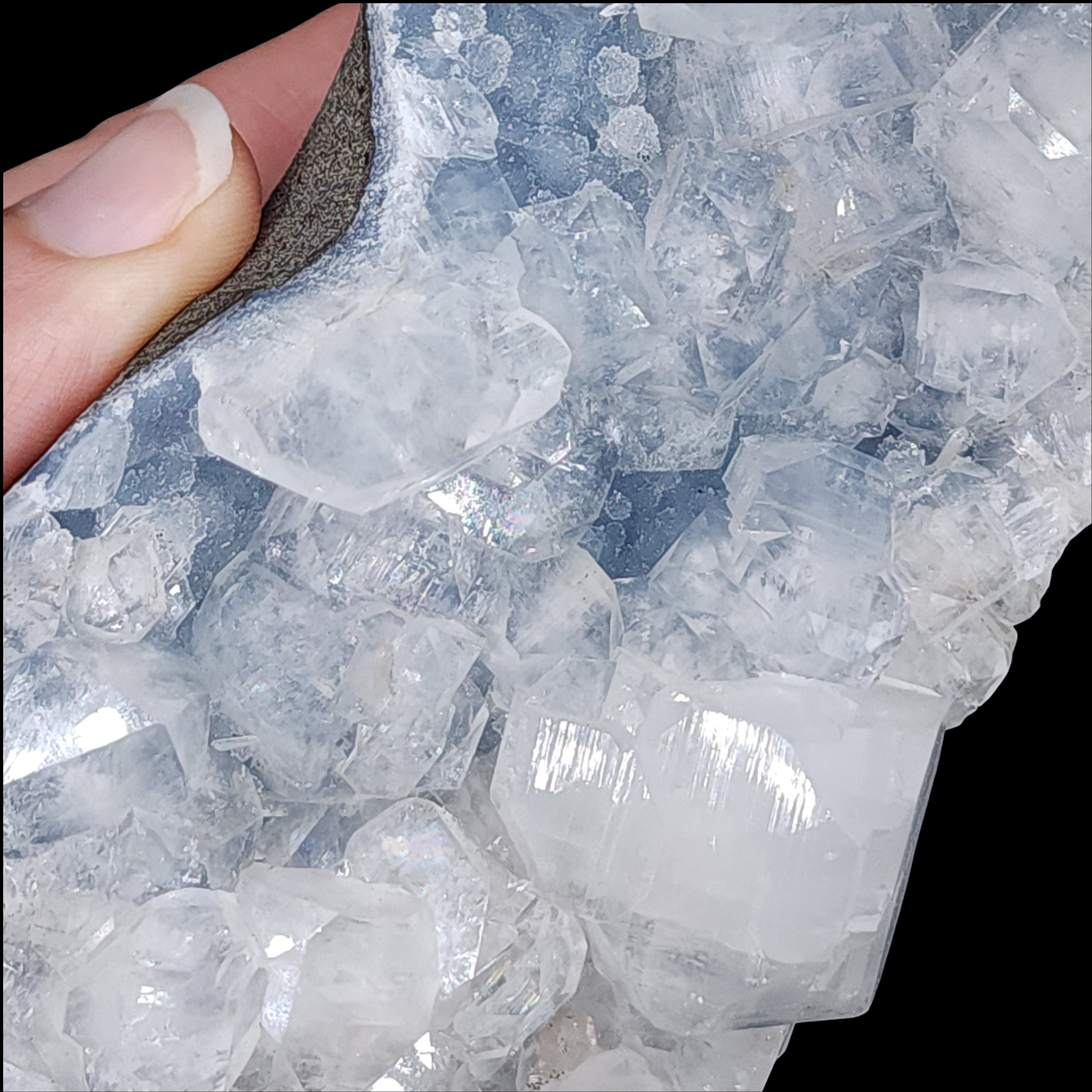 Cubic Apophyllite on Blue Chalcedony Statement Cutbase from India 1.042kg