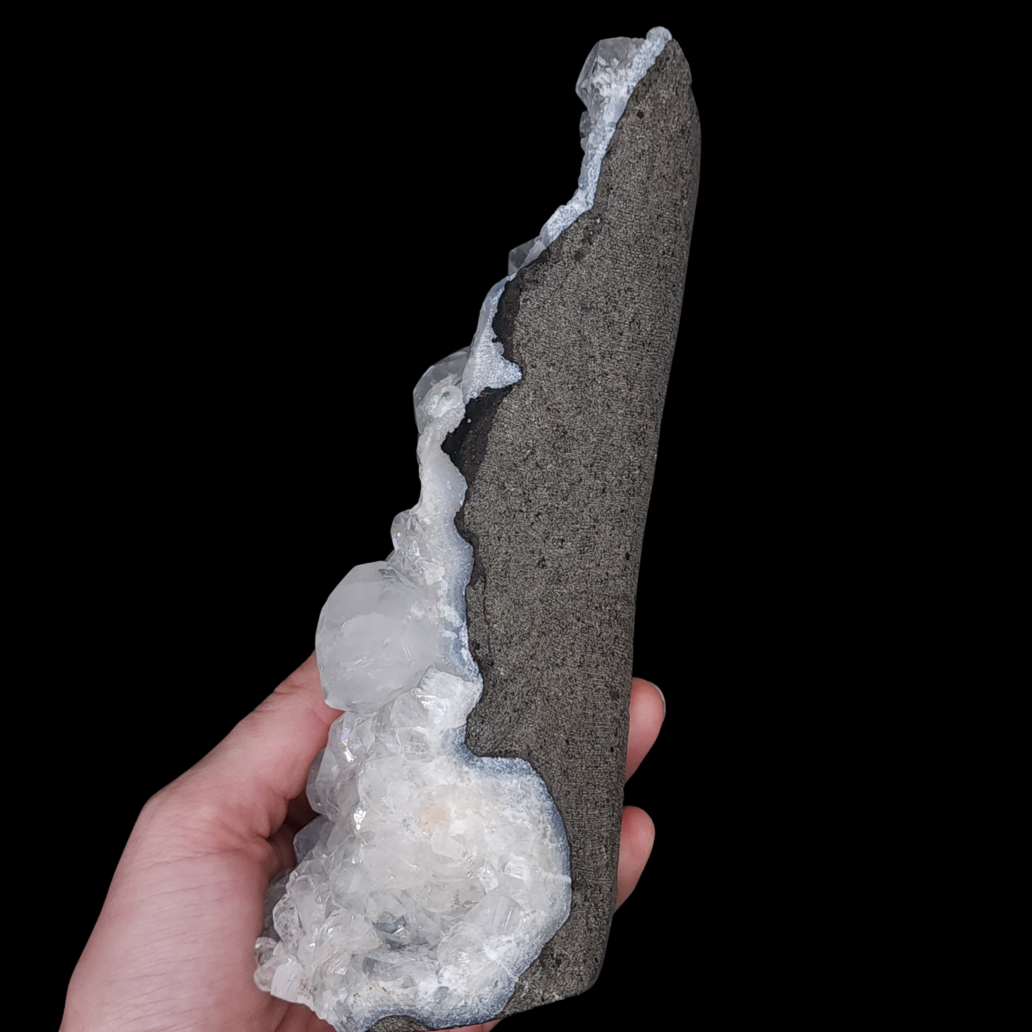 Cubic Apophyllite on Blue Chalcedony Statement Cutbase from India 1.042kg