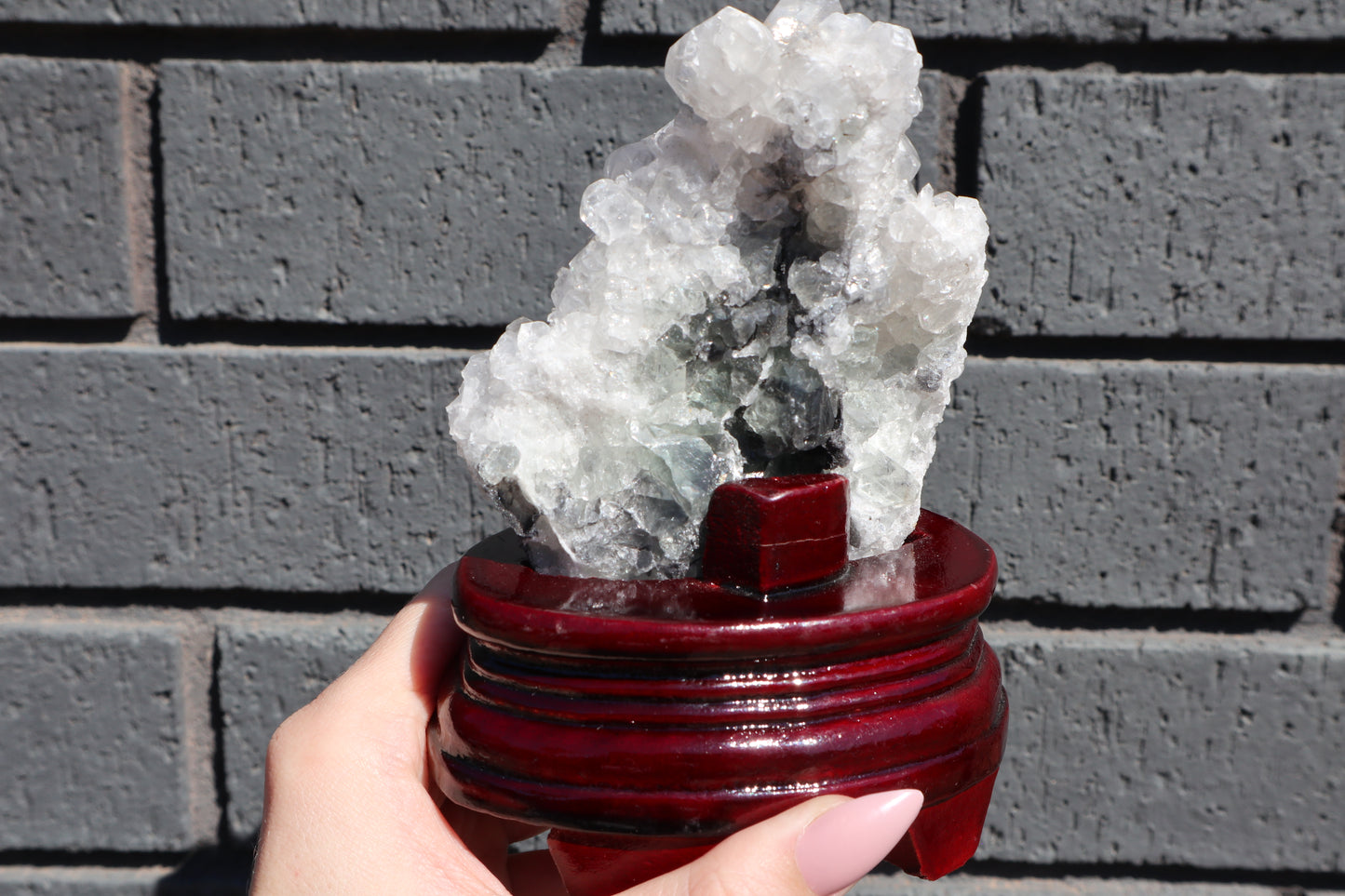 Diamond Calcite & Fluorite Specimen on Wooden Base