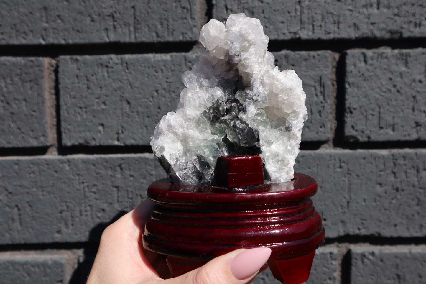 Diamond Calcite & Fluorite Specimen on Wooden Base