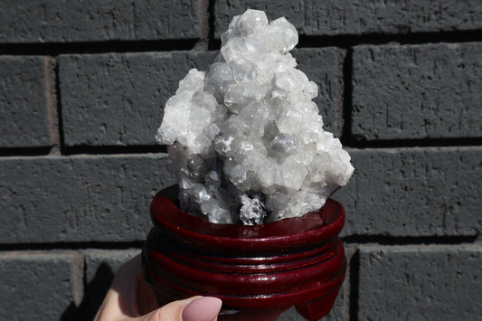 Diamond Calcite & Fluorite Specimen on Wooden Base