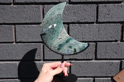 Large Moss Agate Moon on Custom Stand