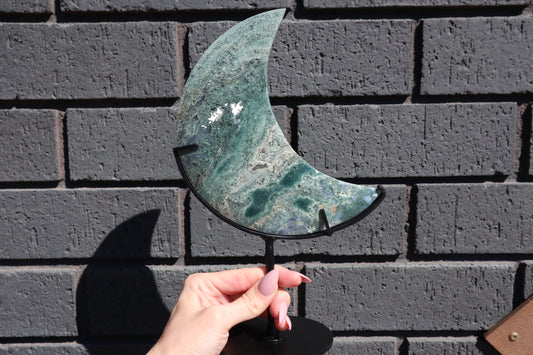 Large Moss Agate Moon on Custom Stand