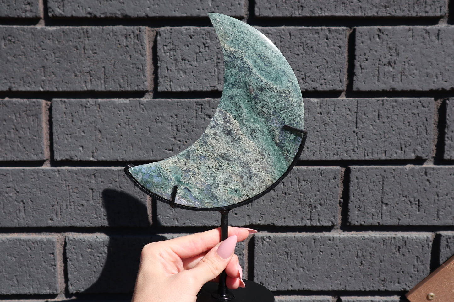 Large Moss Agate Moon on Custom Stand