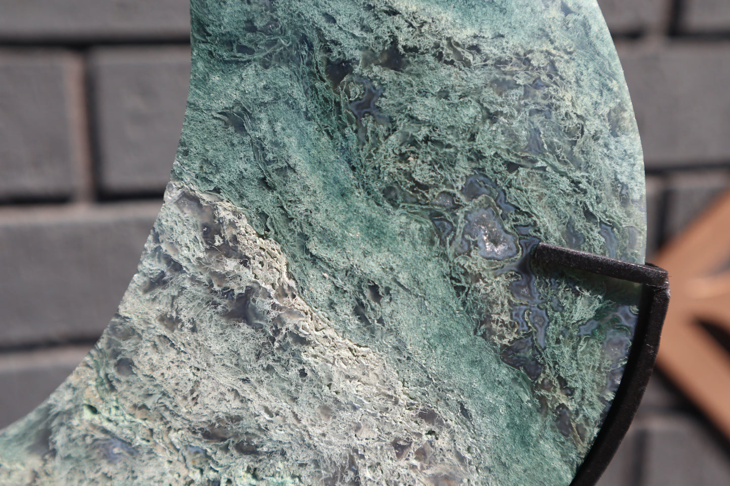 Large Moss Agate Moon on Custom Stand