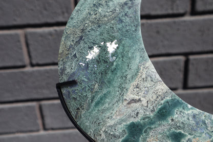 Large Moss Agate Moon on Custom Stand