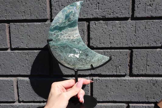 Large Moss Agate Moon on Custom Stand (2)