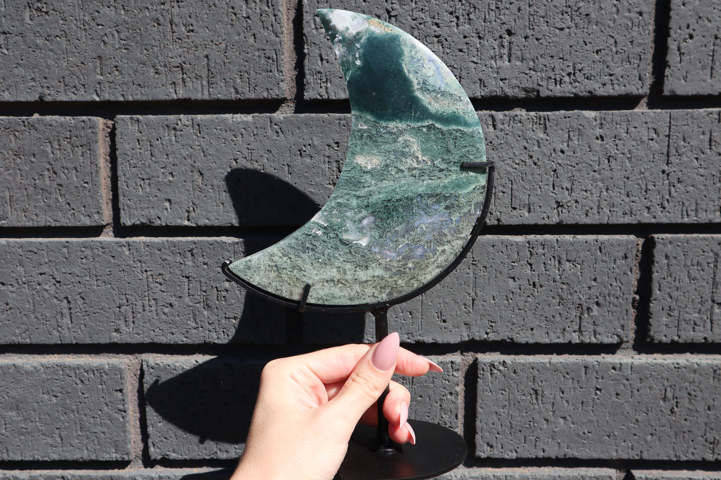 Large Moss Agate Moon on Custom Stand (2)