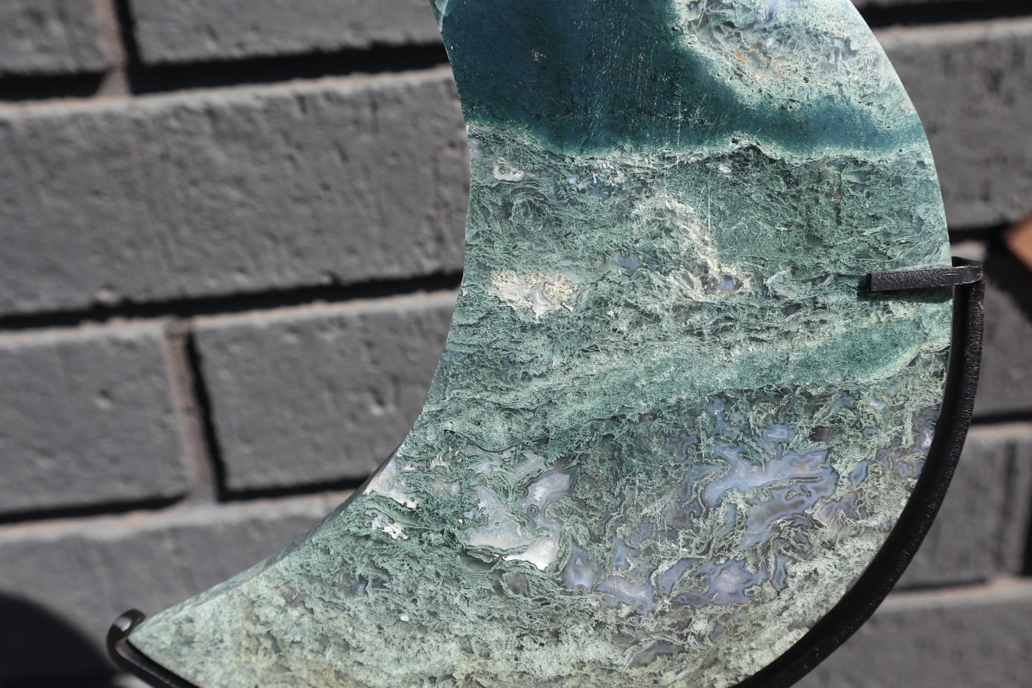 Large Moss Agate Moon on Custom Stand (2)