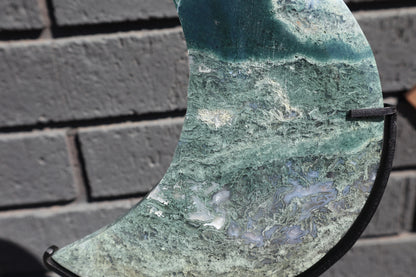 Large Moss Agate Moon on Custom Stand (2)