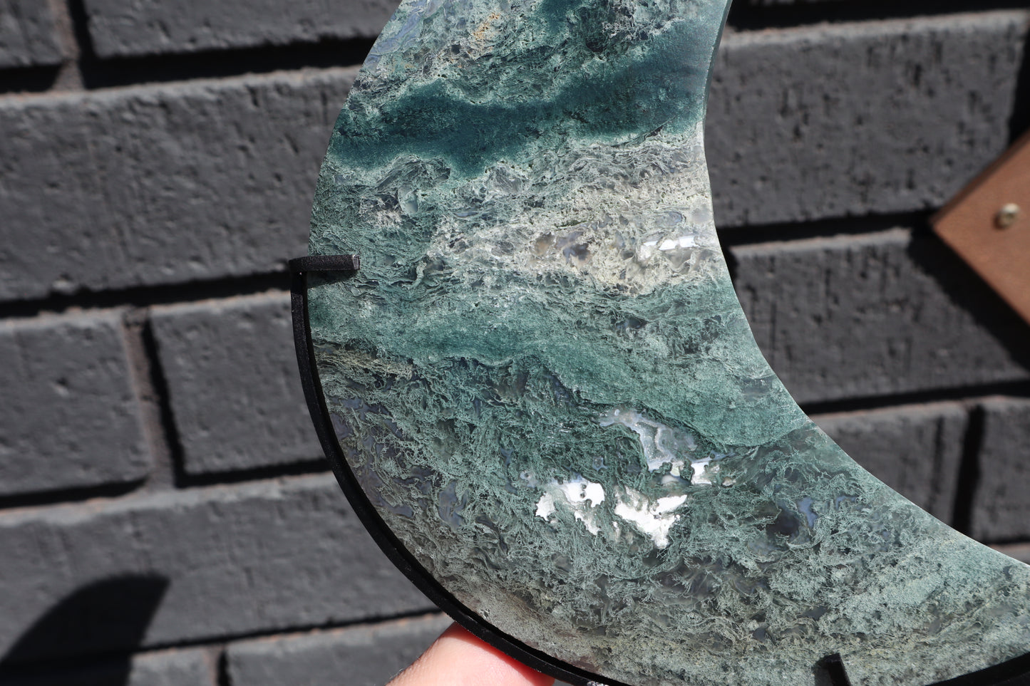 Large Moss Agate Moon on Custom Stand (2)